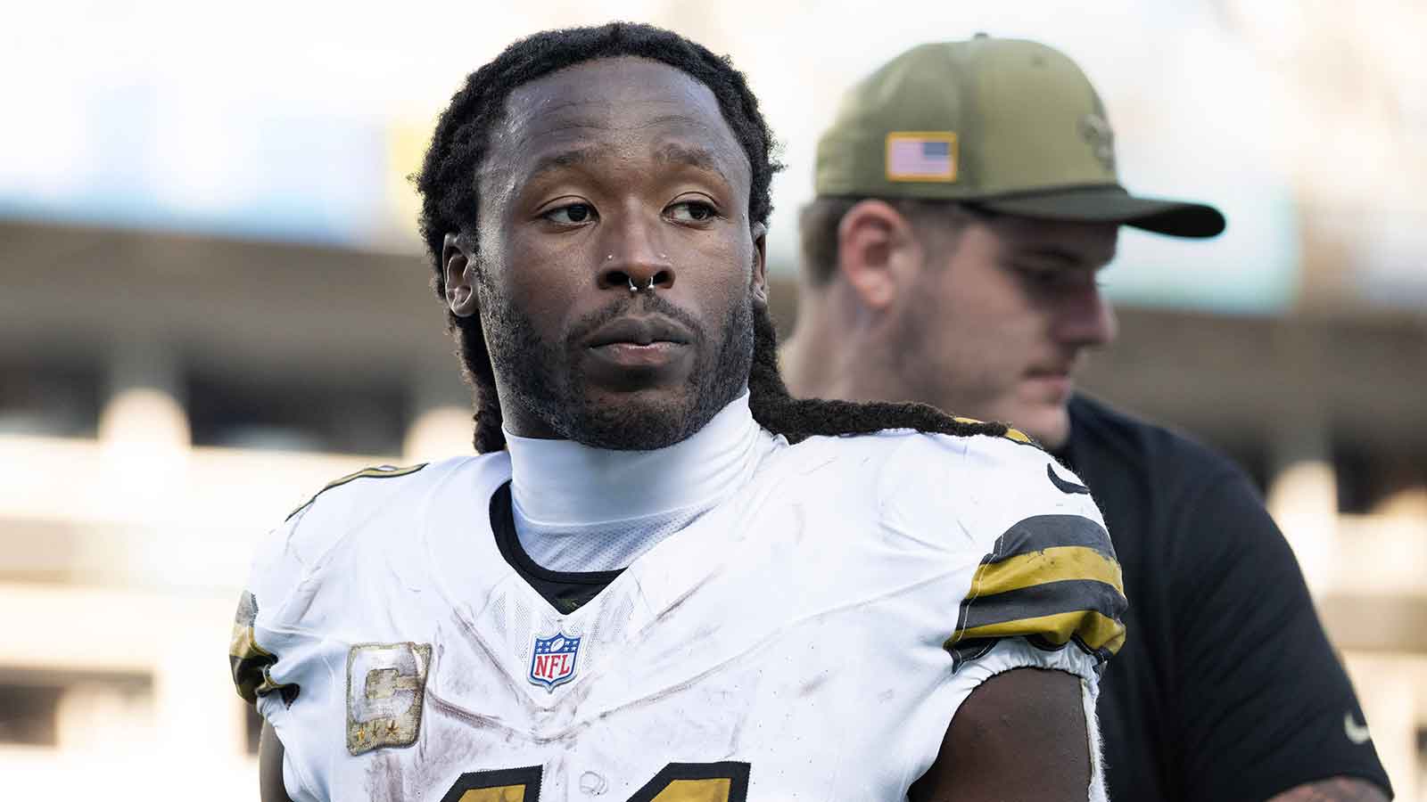 New Orleans Saints running back Alvin Kamara (41) walks off the field after the game at Bank of America Stadium.
