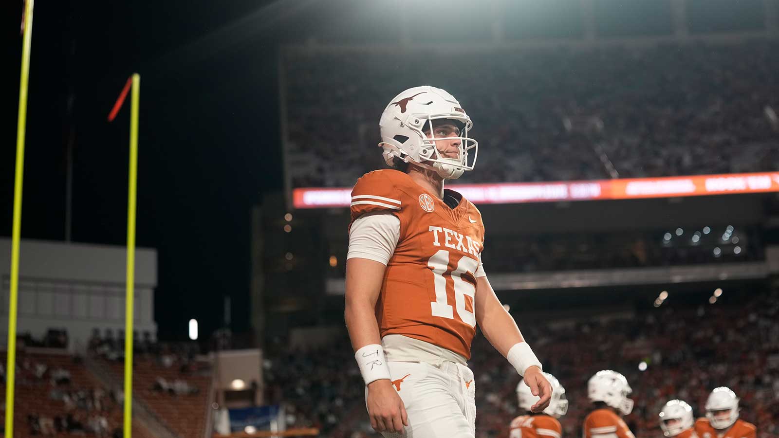 Texas Longhorns quarterback Arch Manning warms up before a game against the Texas A&M Aggies at Darrell K Royal-Texas Memorial Stadium. Mandatory Credit: Scott Wachter-Imagn Images
