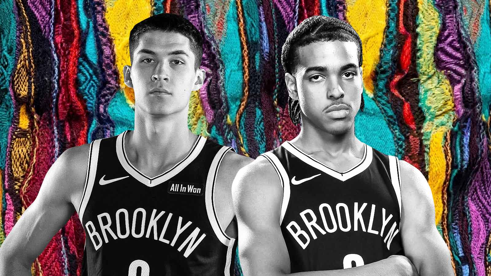Egor Demin, Mikel Brown Jr. Brooklyn Nets closeups. Both of their faces in black/white, and everything around them very colorful with the Brooklyn Nets coogi sweater design around them.