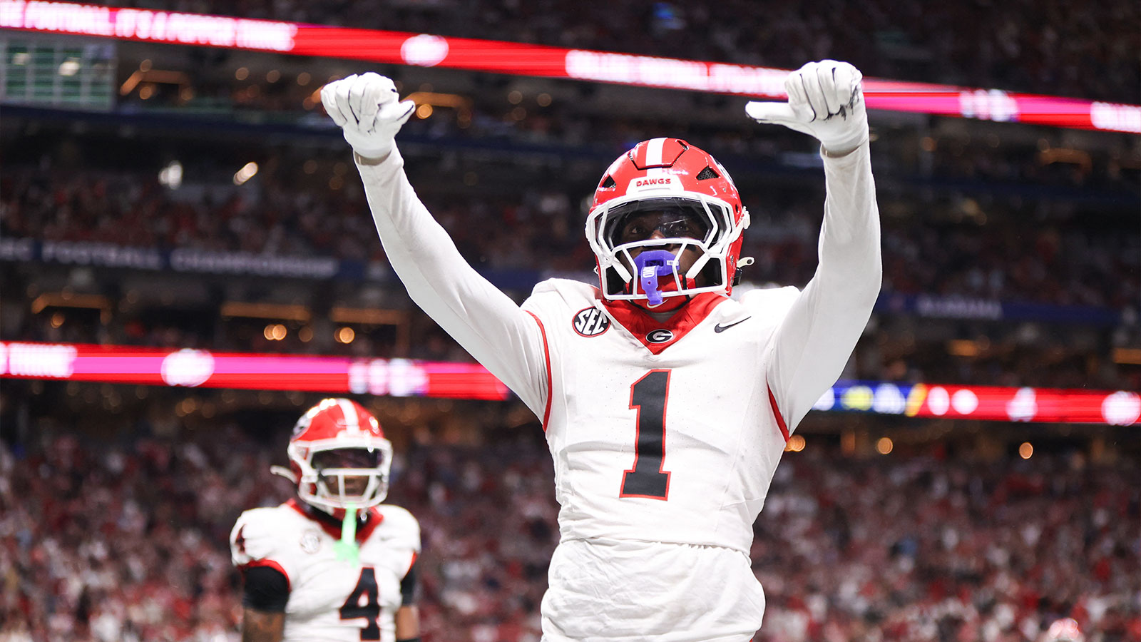 Georgia Bulldogs defensive back Ellis Robinson IV (1) celebrates after an incomplete pass in the end zone during the fourth quarter against the Alabama Crimson Tide during the 2025 SEC Championship game at Mercedes-Benz Stadium.