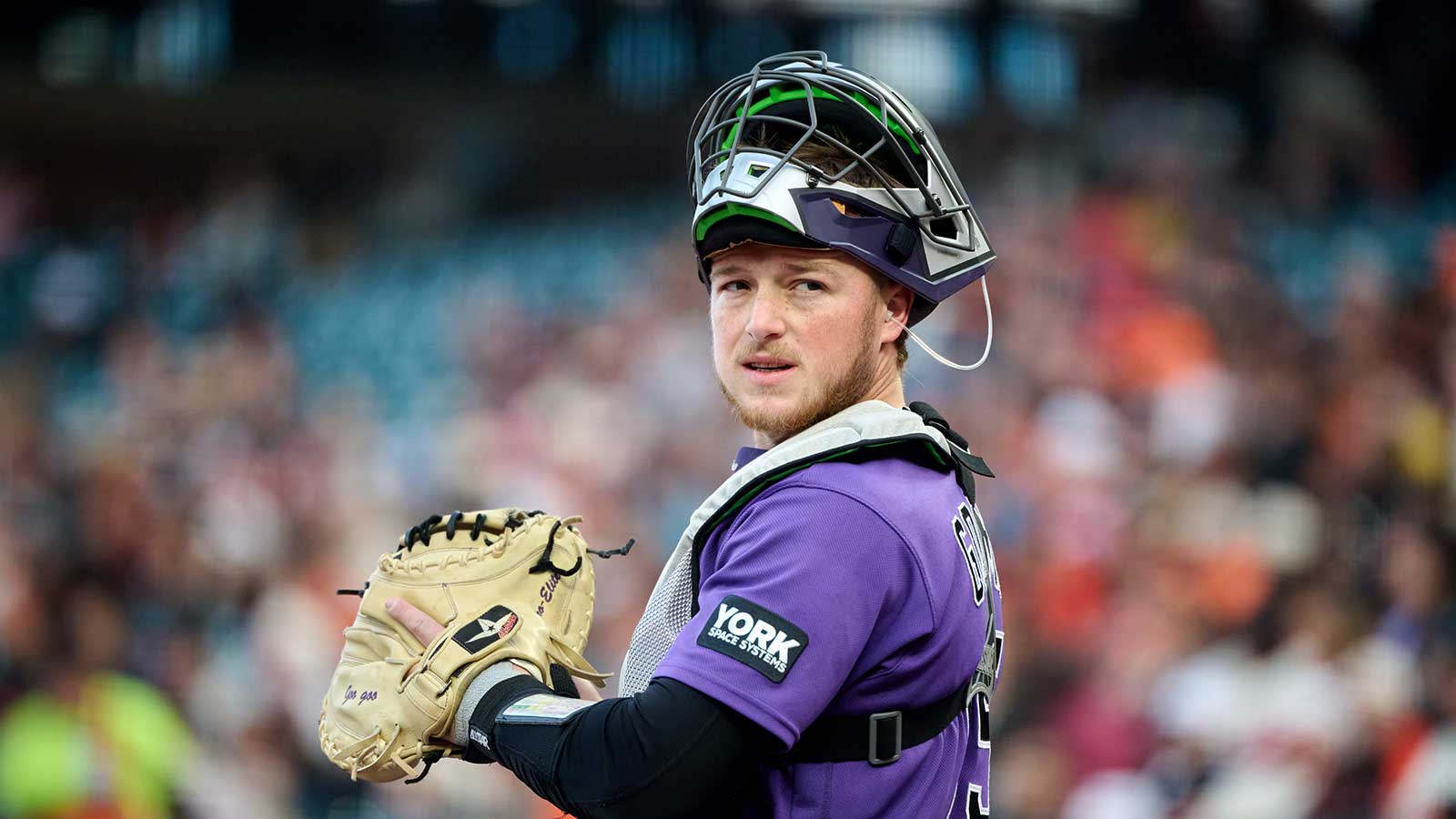 Colorado Rockies catcher Hunter Goodman (15) looks on during the first inning against the San Francisco Giants at Oracle Park. 