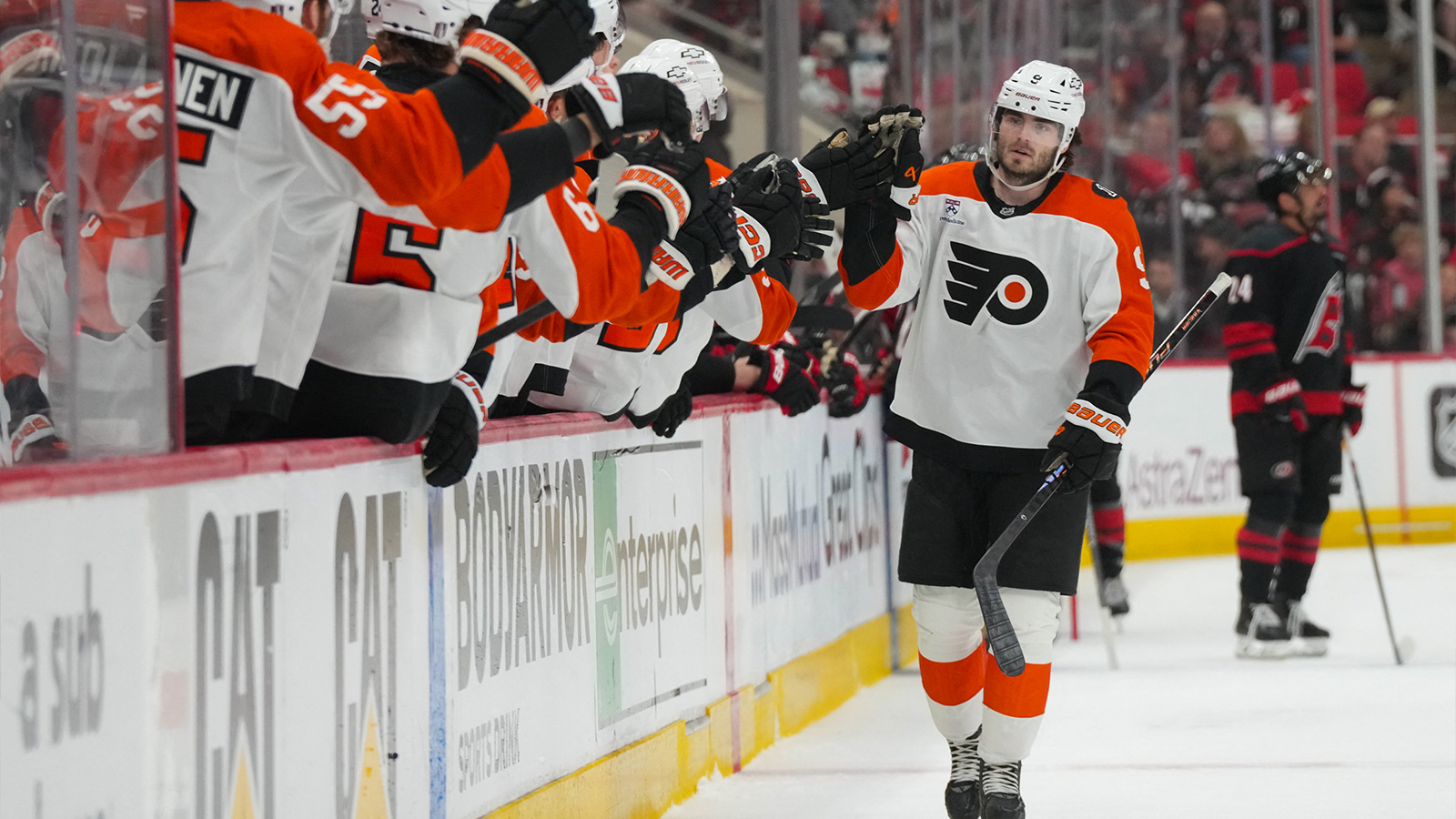 Philadelphia Flyers defenseman Jamie Drysdale (9) celebrates his goal against the Carolina Hurricanes during the first period in game two of the second round of the 2026 Stanley Cup Playoffs at Lenovo Center.