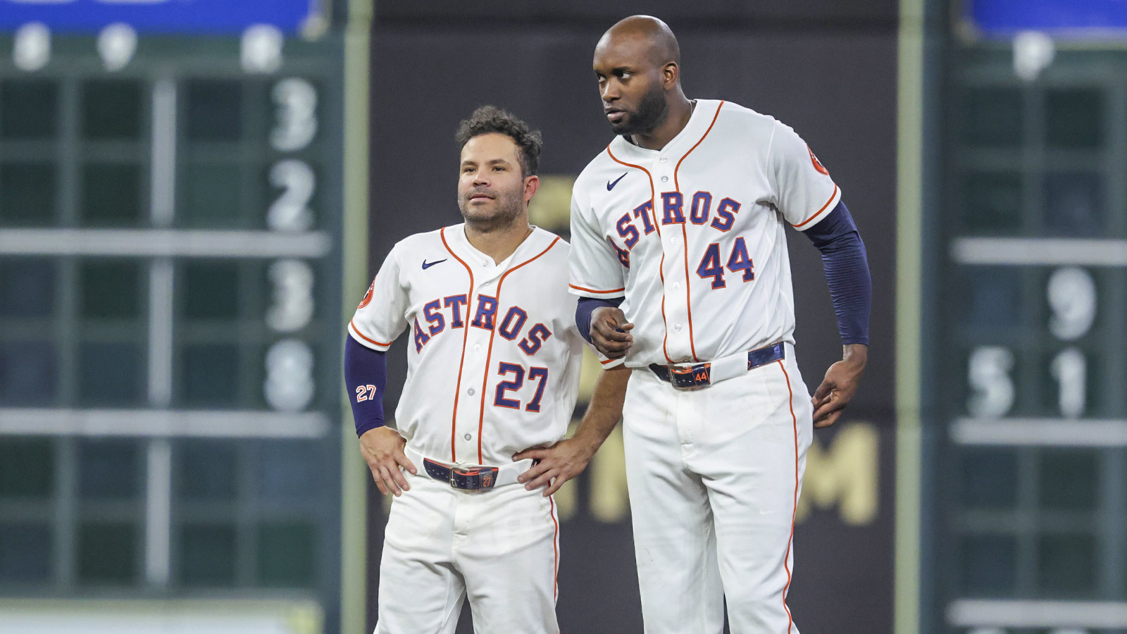 Houston Astros second baseman Jose Altuve (27) and left fielder Yordan Alvarez (44) stand on the field after a play during the sixth inning against the New York Yankees at Daikin Park.