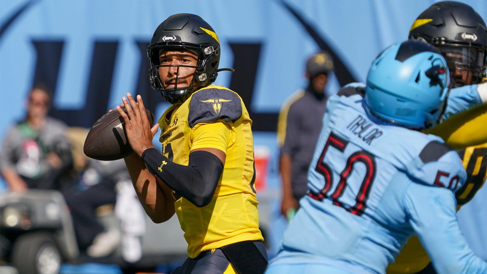 San Antonio Brahmas quarterback Kellen Mond (12) looks to pass during the first half against the Arlington Renegades at Choctaw Stadium.