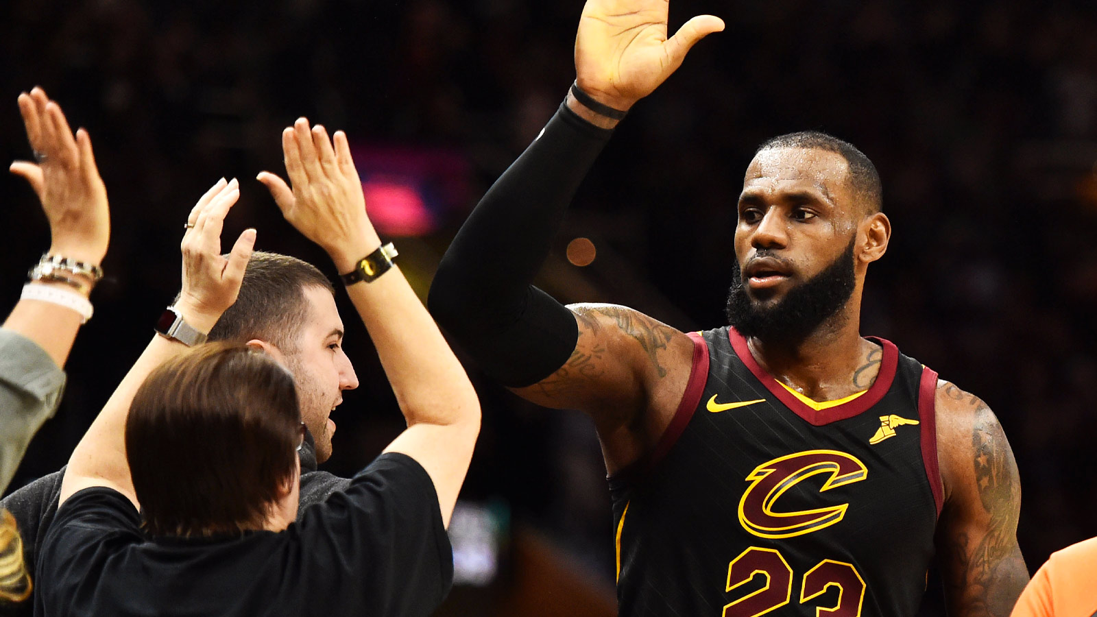 Cleveland Cavaliers forward LeBron James (23) celebrates with fans after the Cavs beat the Charlotte Hornets at Quicken Loans Arena.