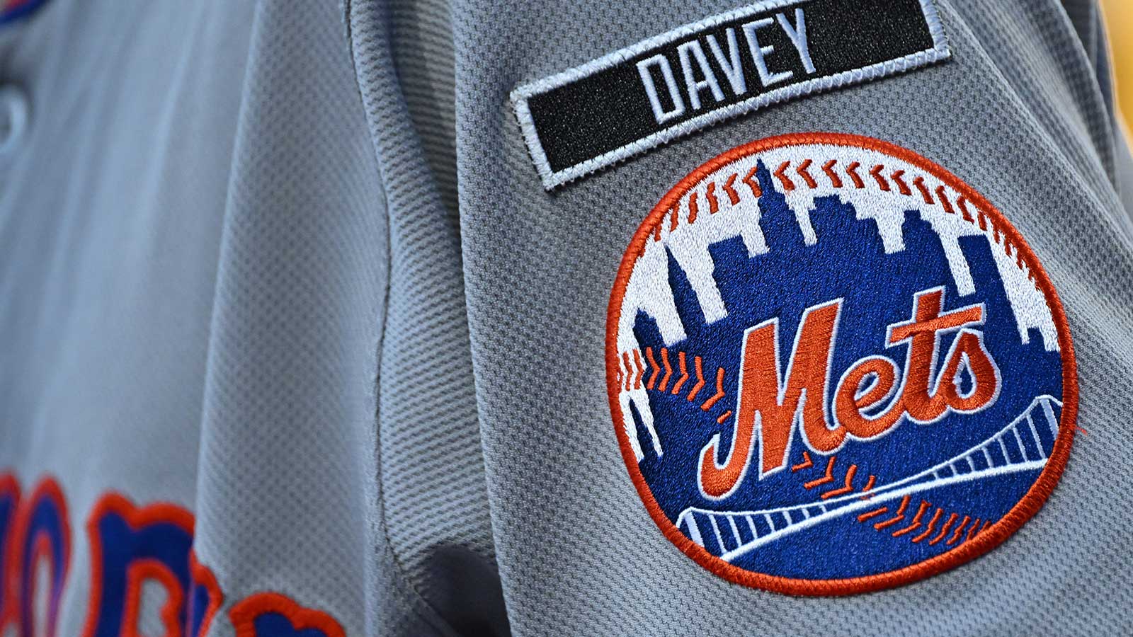 New York Mets logo and a patch honoring former manager Davey Johnson who passed away in 2025 against the Philadelphia Phillies at Citizens Bank Park.