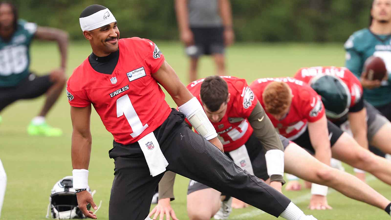 Philadelphia Eagles quarterback Jalen Hurts (1) stretches during minicamp at Jefferson Health Training Complex.