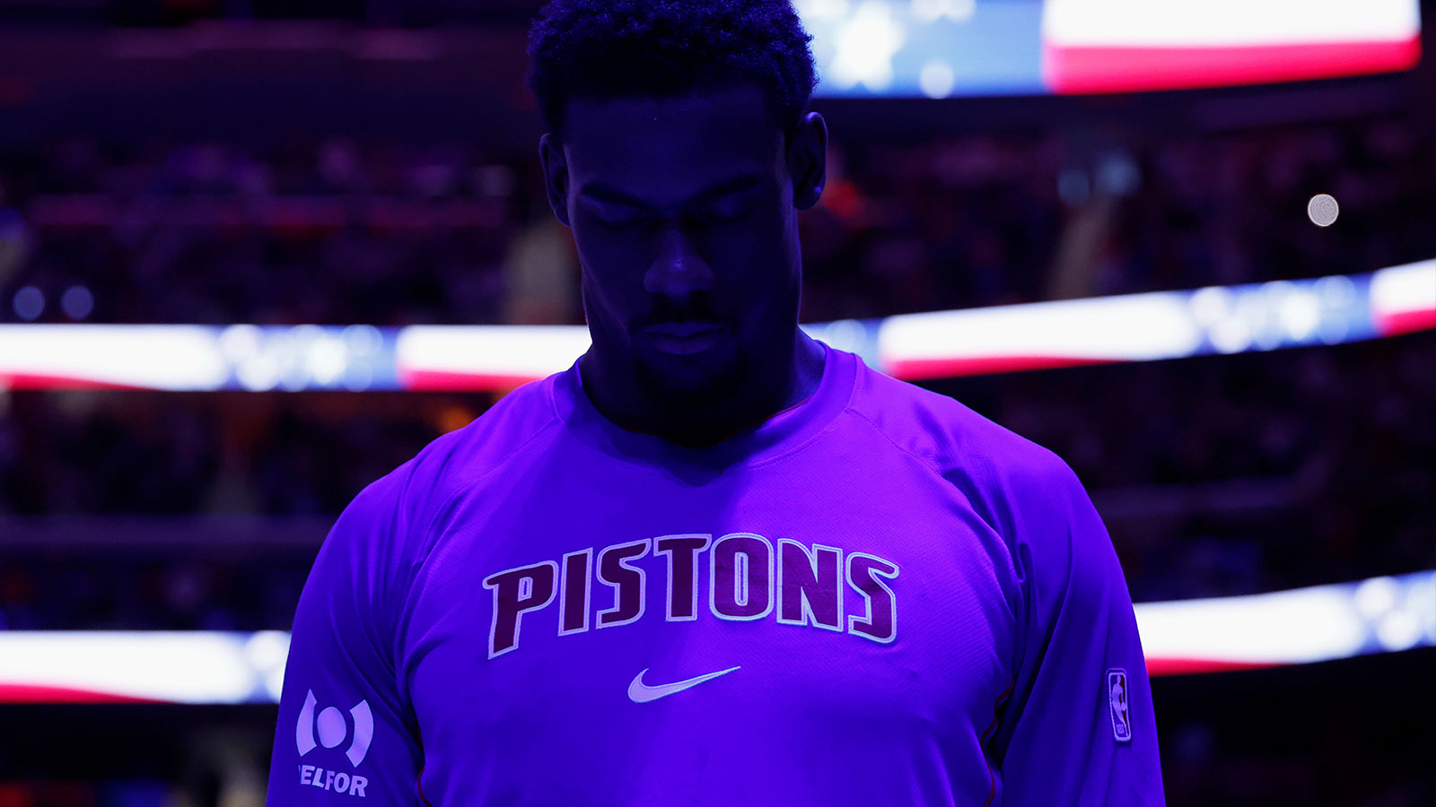 Detroit Pistons center Jalen Duren (0) during the national anthem before game seven of the second round of the 2026 NBA Playoffs against the Cleveland Cavaliers at Little Caesars Arena.