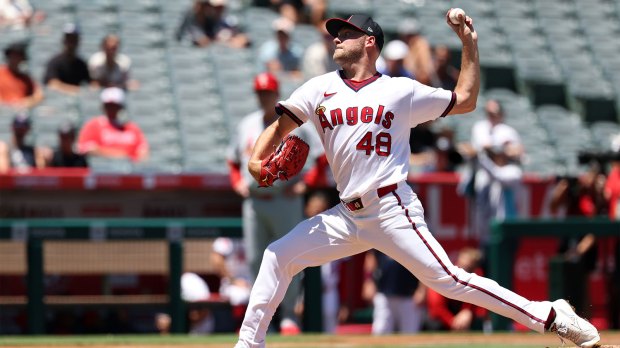 Minnesota Twins pitcher Joe Ryan (41) delivers to Los Angeles Angels shortstop Zach Neto (9) in the first inning at Target Field.