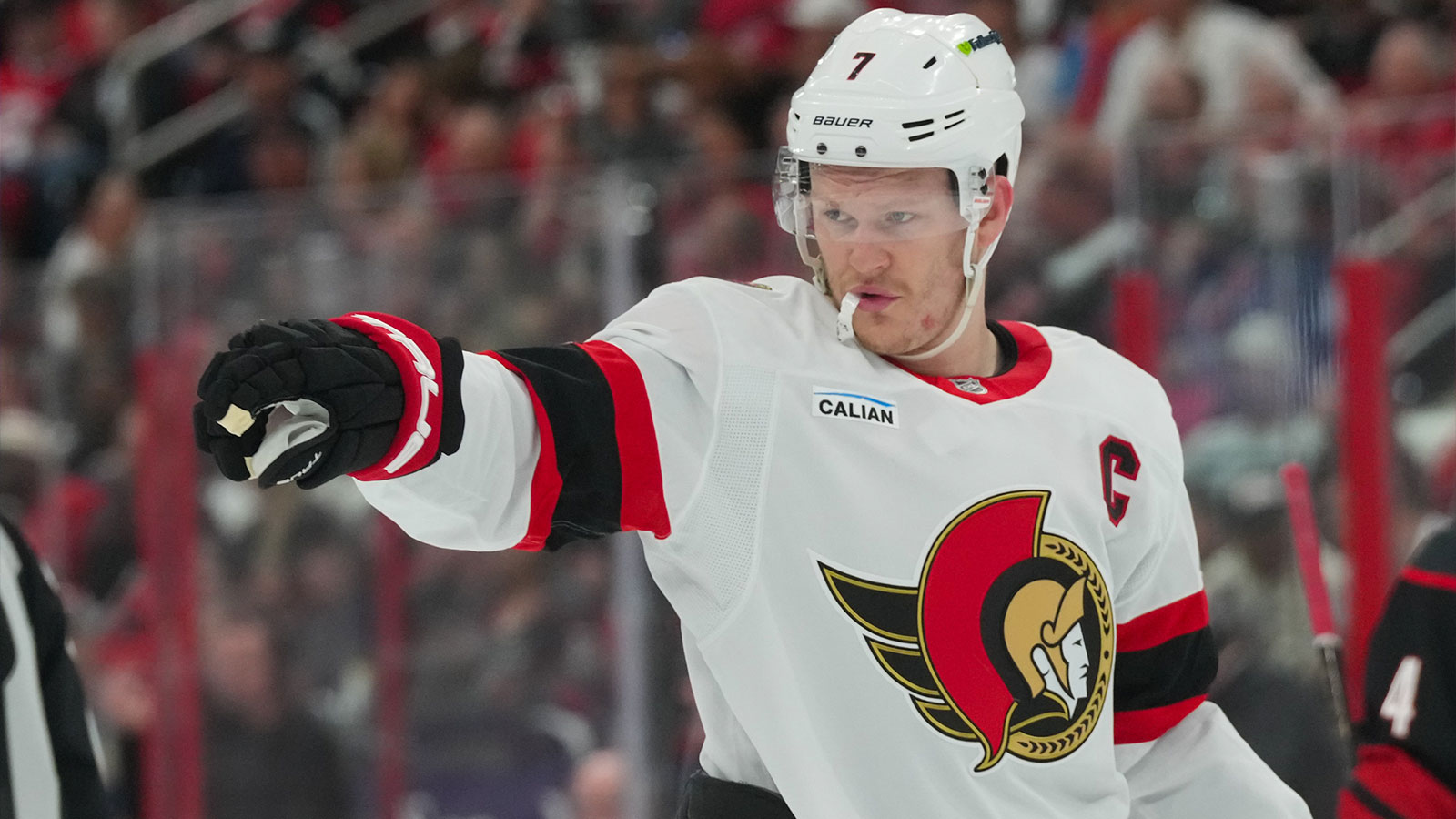 Ottawa Senators left wing Brady Tkachuk (7) reacts against the Carolina Hurricanes during the second period in game one of the first round of the 2026 Stanley Cup Playoffs at Lenovo Center.