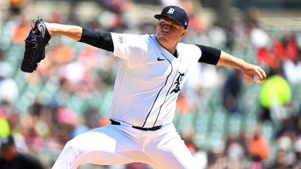 Detroit Tigers starting pitcher Tarik Skubal (29) throws a pitch against the Philadelphia Phillies in the first inning at Comerica Park.
