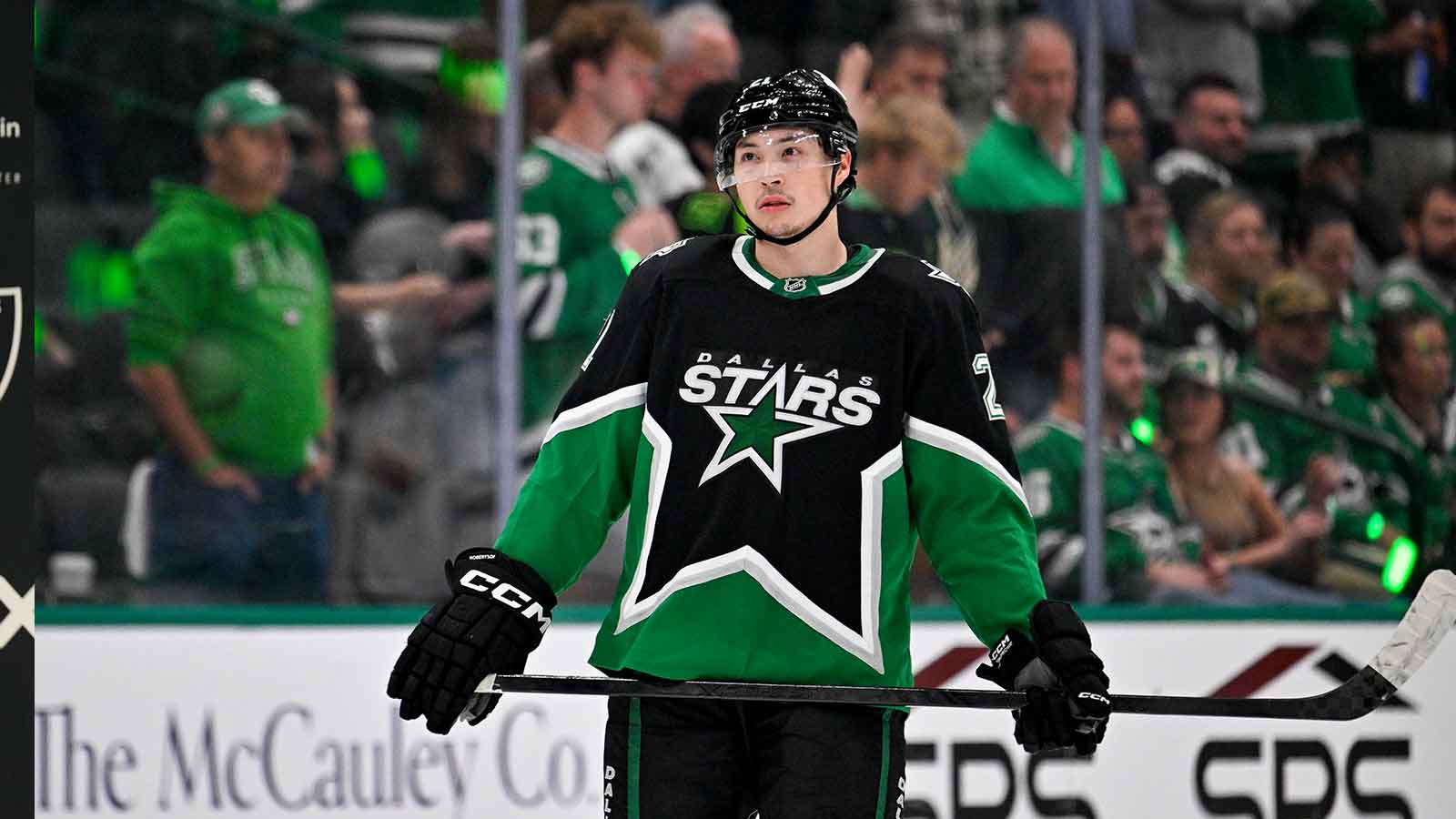 Dallas Stars left wing Jason Robertson (21) looks on during the third period against the Minnesota Wild in game five of the first round of the 2026 Stanley Cup Playoffs at American Airlines Center.