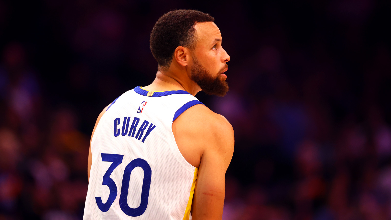 Detailed view of the jersey of Golden State Warriors guard Stephen Curry (30) against the Phoenix Suns during the play-in rounds of the 2026 NBA Playoffs at Mortgage Matchup Center.