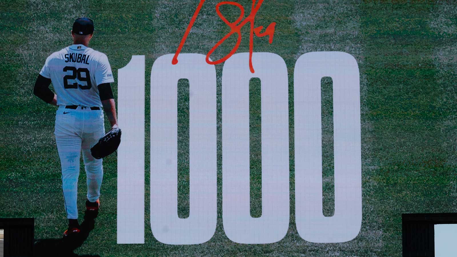 Detroit Tigers pitcher Tarik Skubal (29) is recognized on the scoreboard for his 1000 strikes in the first inning against the Baltimore Orioles at Comerica Park.