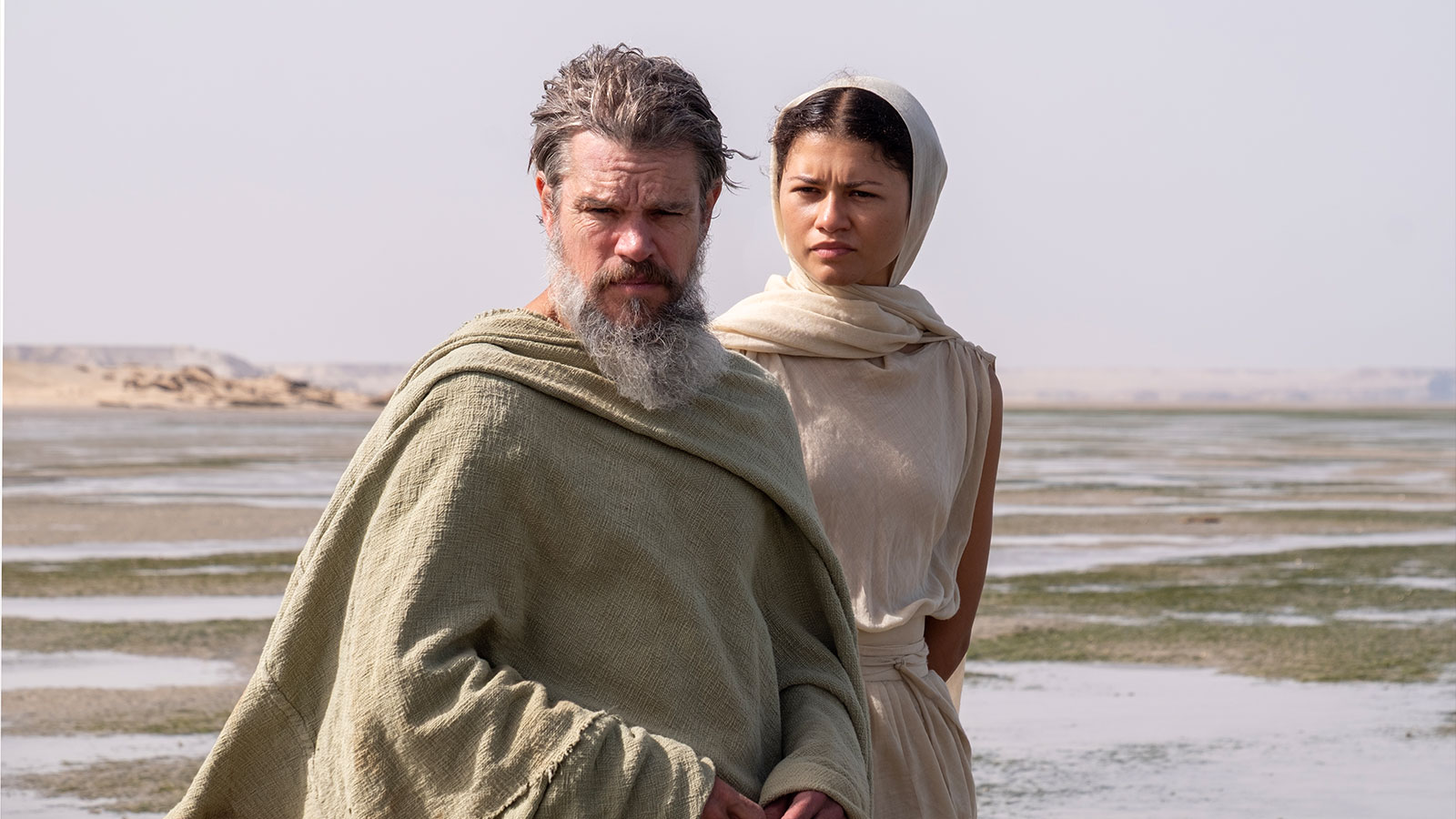 Matt Damon as Odysseus and Zendaya as Athena in Christopher Nolan's movie adaptation of The Odyssey.