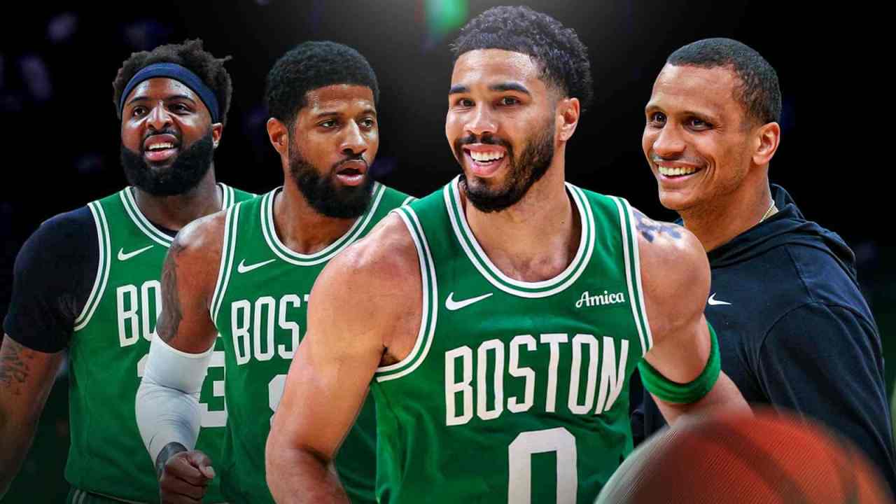 Celtics' Paul George and Mitchell Robinson on the left hyped up, Jayson Tatum in the middle happy, with Joe Mazzulla on the right smiling
