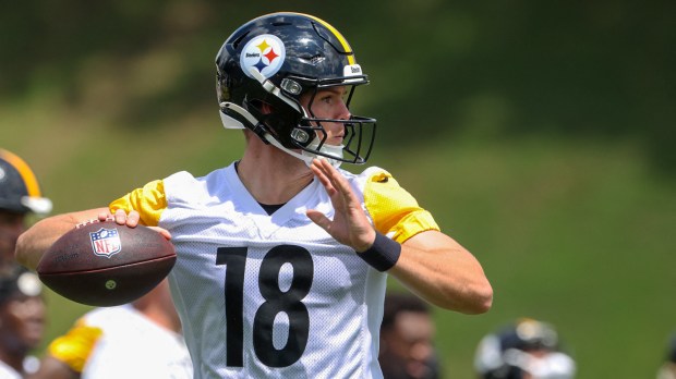 Pittsburgh Steelers quarterback Will Howard (18) participates in training camp drills at Saint Vincent College.