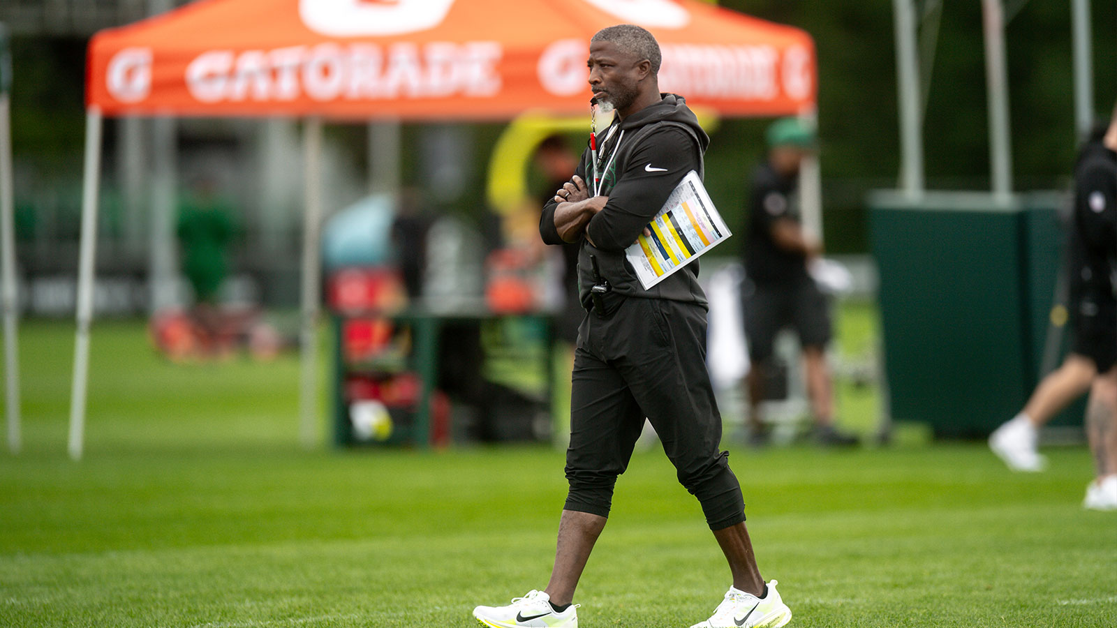 New York Jets head coach Aaron Glenn looks on during training camp at Atlantic Health Jets Training Center.