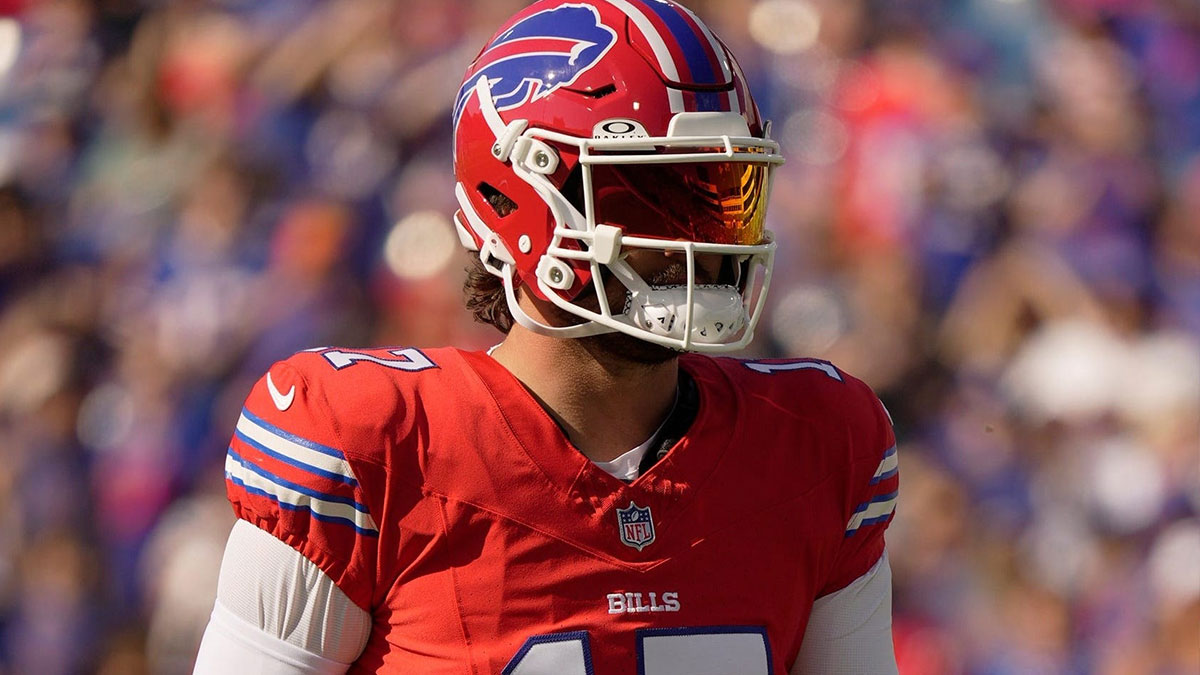 Buffalo Bills quarterback Josh Allen wears a red helmet, the only player wearing a red helmet, during the Return of the Blue & Red practice at Highmark Stadium in Orchard Park on Aug.1, 2025.