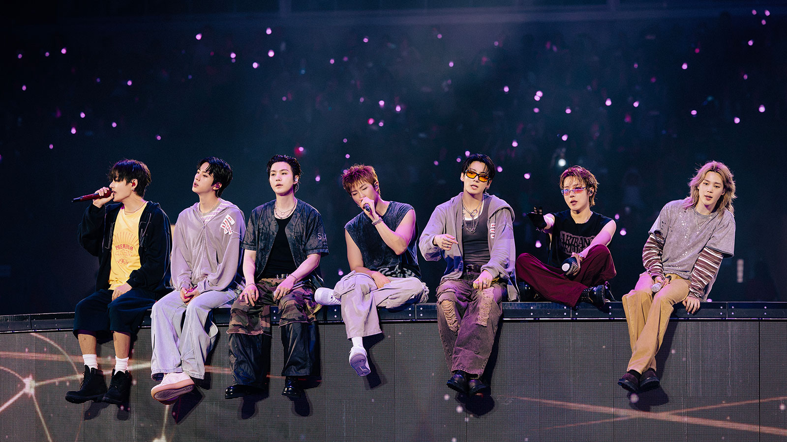 BTS members Jin, Suga, J-Hope, RM, Jimin, V, and Jung Kook on the Arirang World Tour 2026 at M&T Bank Stadium in Baltimore, Maryland.
