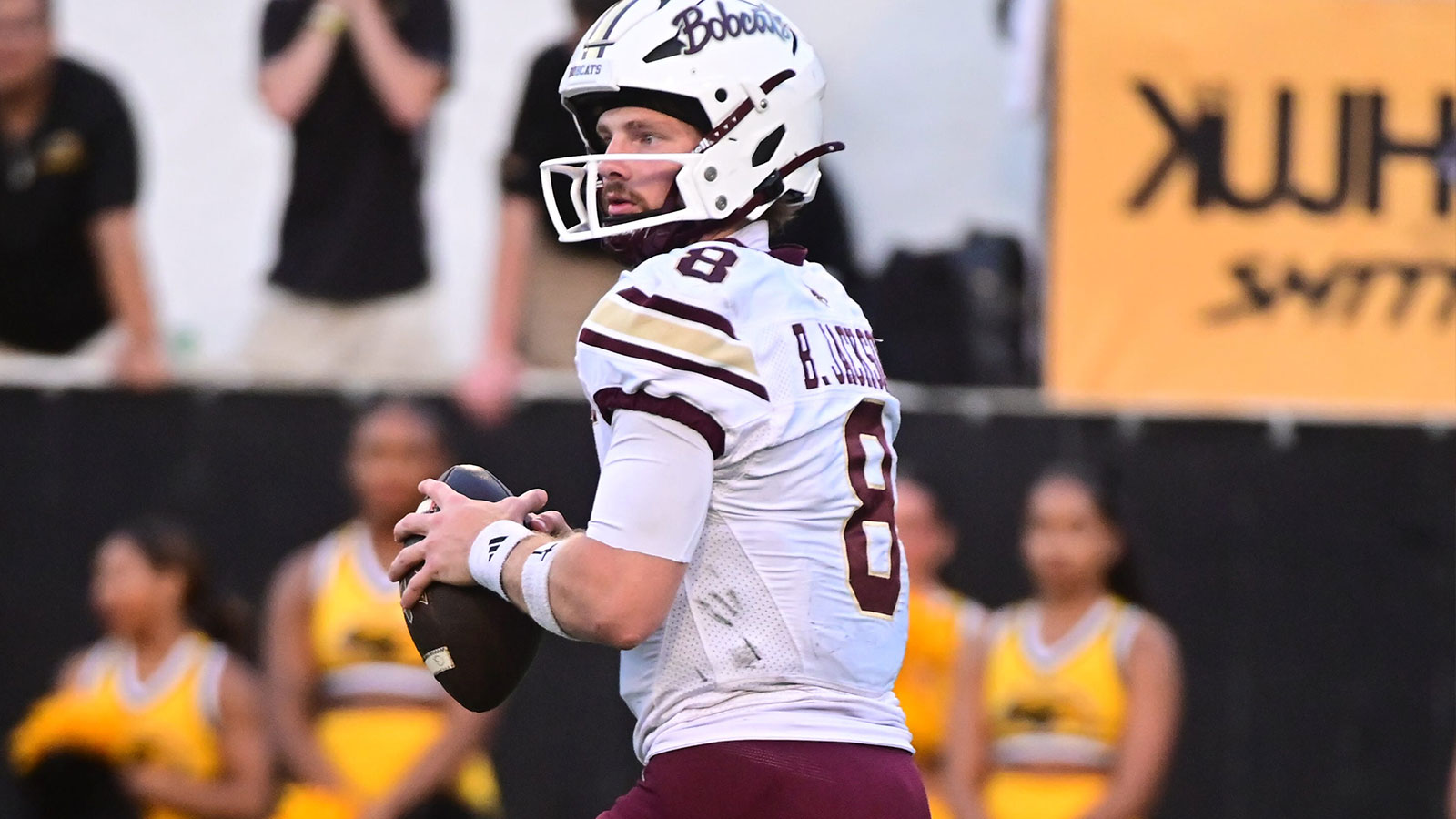 Texas State Bobcats quarterback Brad Jackson (8) looks to pass against the Southern Miss Golden Eagles at M.M. Roberts Stadium in Hattiesburg,Miss, on Nov. 15, 2025.