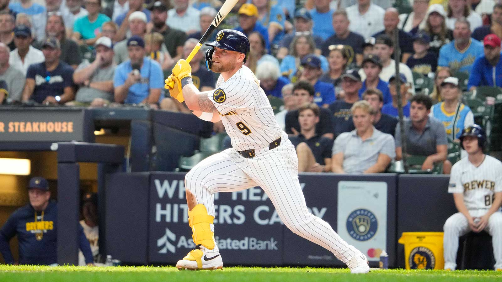 Milwaukee Brewers first baseman Jake Bauers (9) hits the game winner against the Minnesota Twins in the tenth inning at American Family Field.