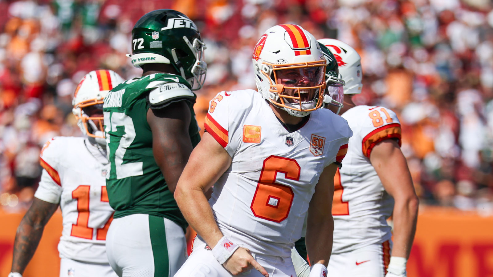 Tampa Bay Buccaneers quarterback Baker Mayfield (6) reacts after a ply against the New York Jets in the fourth quarter at Raymond James Stadium.