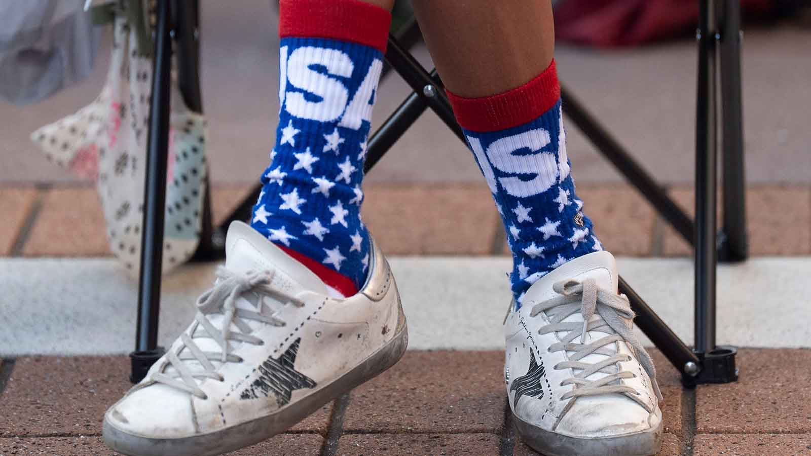 A World Cup fan wears appropriate attire to cheer for the U.S. Men’s National Team against Belgium at an outdoor watch party on Gay St. on July 6, 2026, in Knoxville, Tennessee.