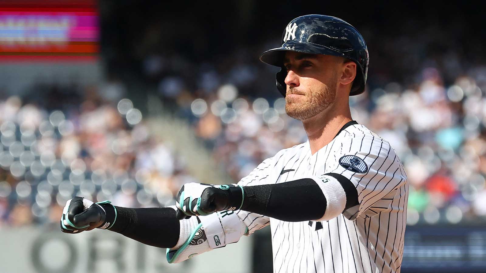 New York Yankees left fielder Cody Bellinger (35) reacts during the seventh inning against the Toronto Blue Jays at Yankee Stadium. Mandatory Credit: Vincent Carchietta-Imagn Images