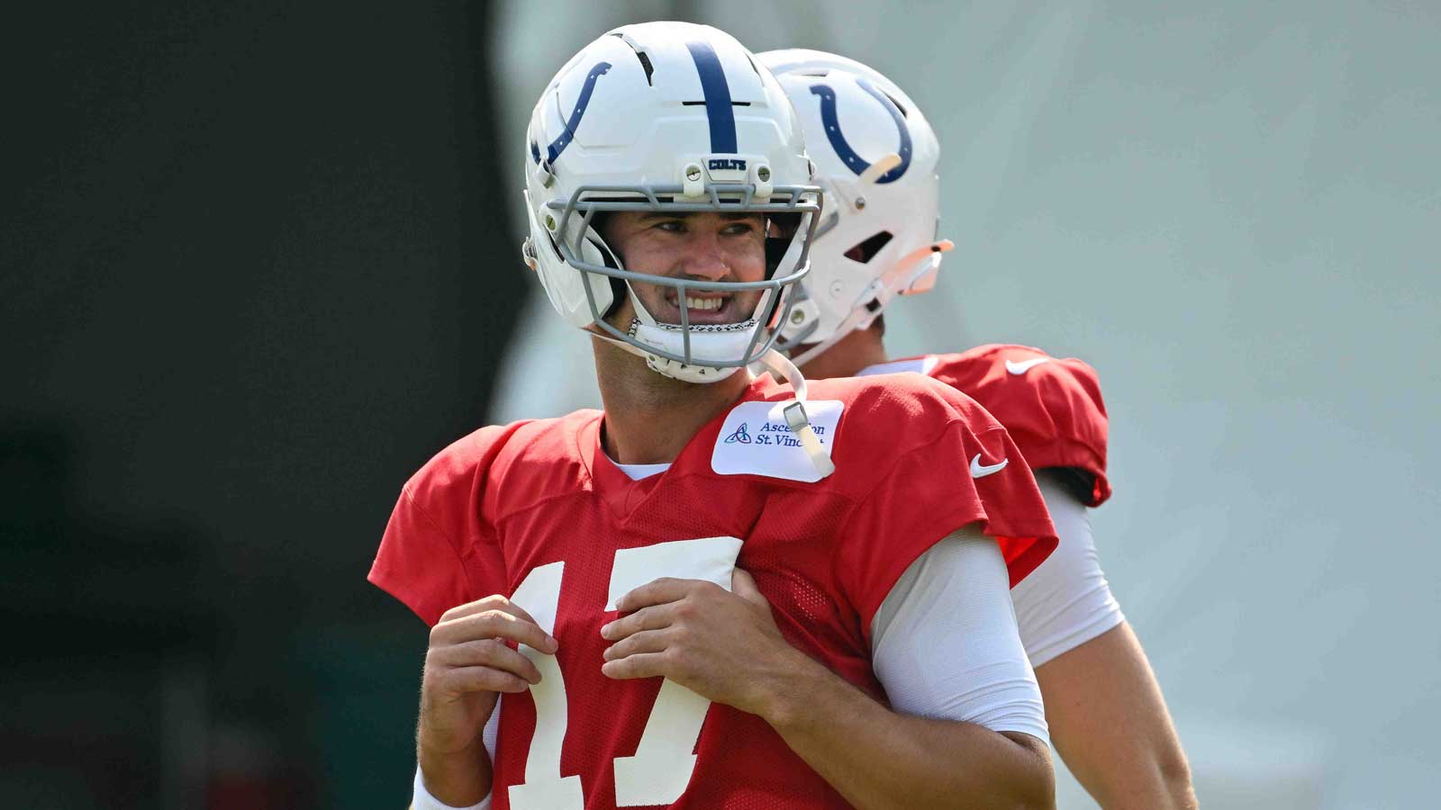 Indianapolis Colts quarterback Daniel Jones (17) looks on during training camp at Gillette Stadium.