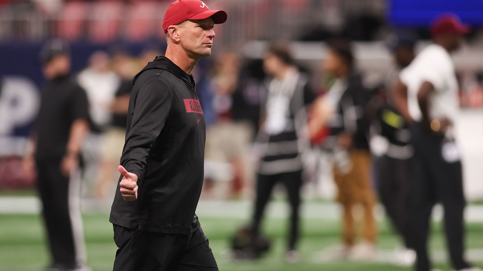 Alabama Crimson Tide head coach Kalen Deboer looks on before the game against the Georgia Bulldogs during the 2025 SEC Championship game at Mercedes-Benz Stadium
