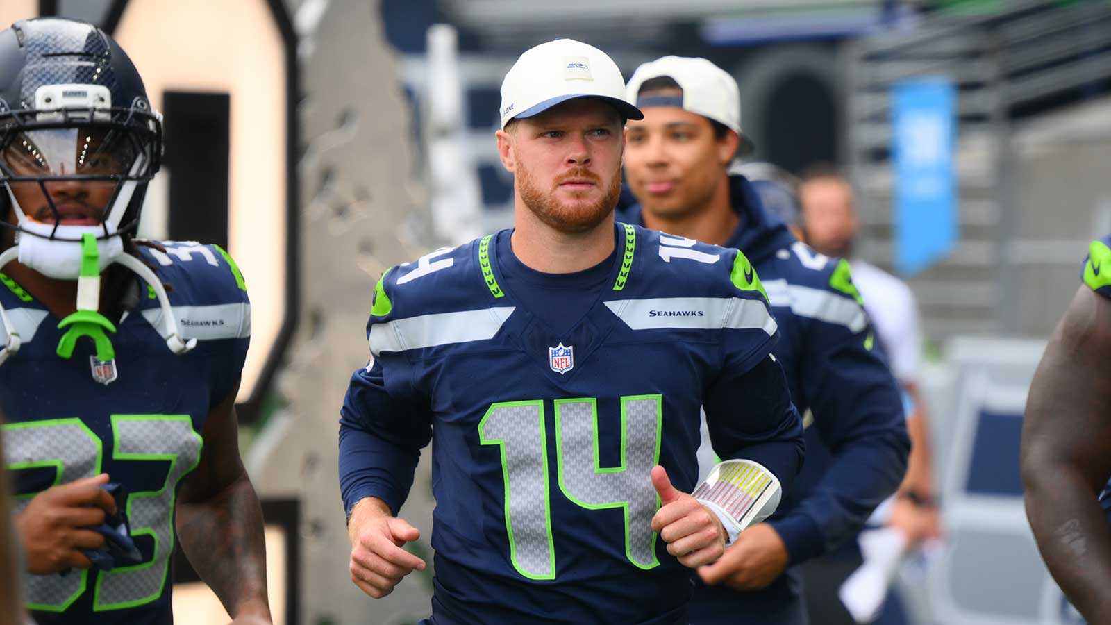 Seattle Seahawks quarterback Sam Darnold (14) before the game against the Dallas Cowboys at Lumen Field.