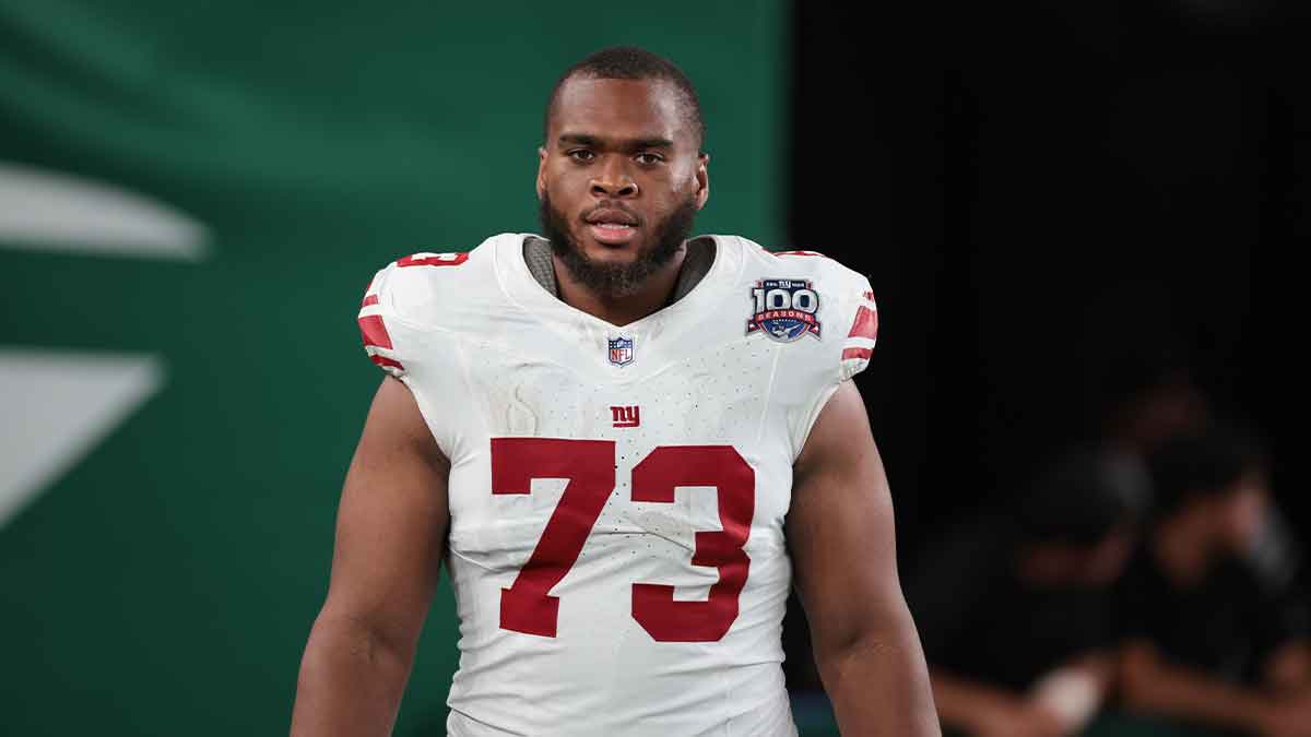 New York Giants offensive tackle Evan Neal (73) after the game at MetLife Stadium.