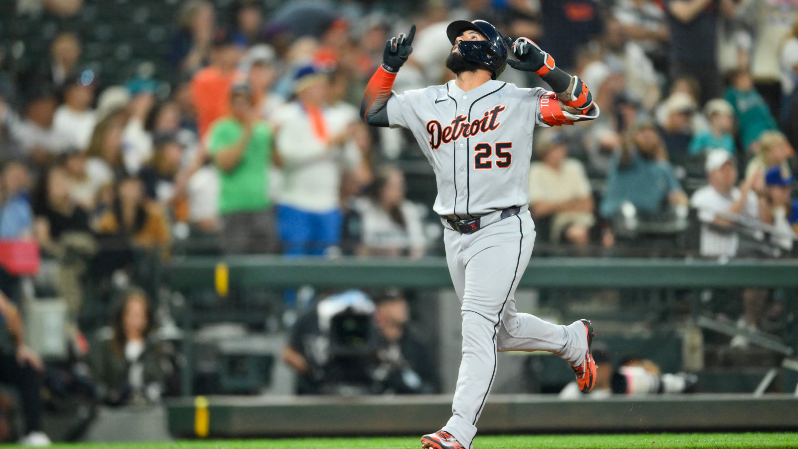 Detroit Tigers second baseman Gleyber Torres (25) runs the bases after hitting a 2-run home run against the Seattle Mariners during the ninth inning at T-Mobile Park.
