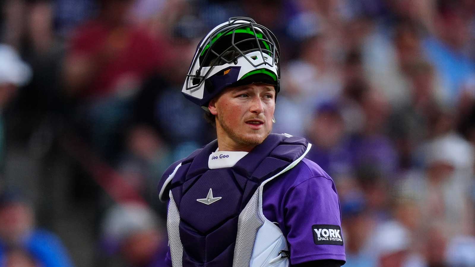 Colorado Rockies catcher Hunter Goodman (15) looks on during the game against the Kansas City Royals Coors Field.