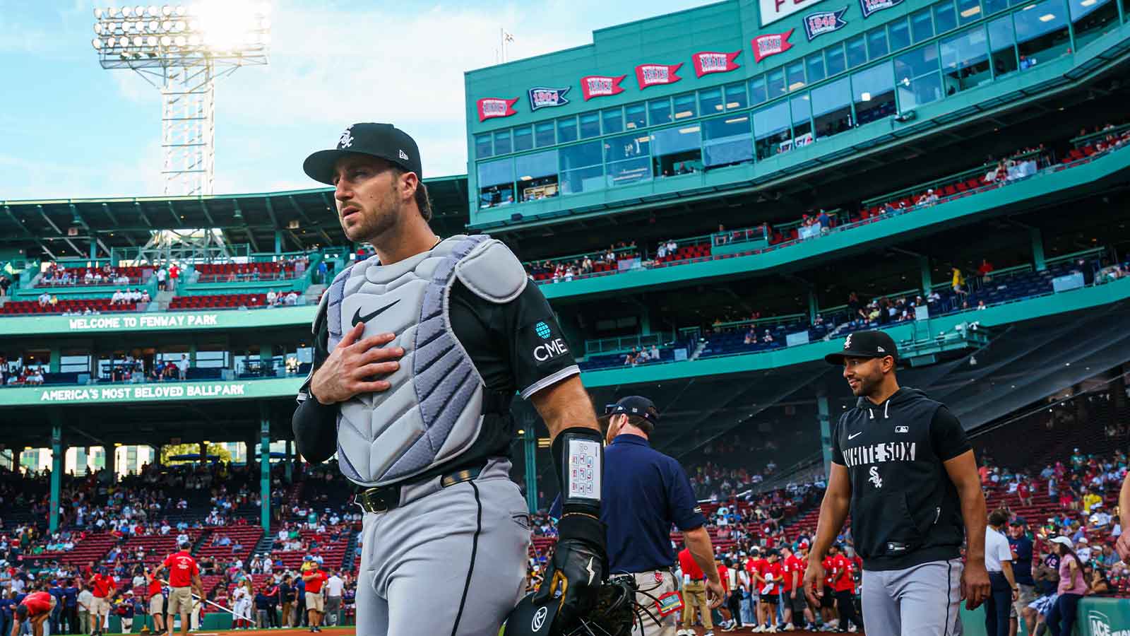  Chicago White Sox catcher Joey Bart (25) walks to the bullpen before the start of the game against the Boston Red Sox at Fenway Park. 
