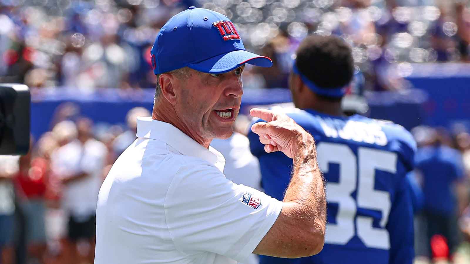 New York Giants head coach John Harbaugh reacts before the game against the Minnesota Vikings at MetLife Stadium.