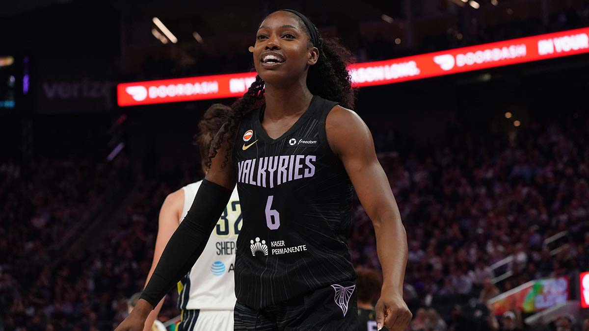 Aug 17, 2026; San Francisco, California, USA; Golden State Valkyries guard-forward Kaila Charles (6) smiles after a play against the Dallas Wings in the third quarter at Chase Center.