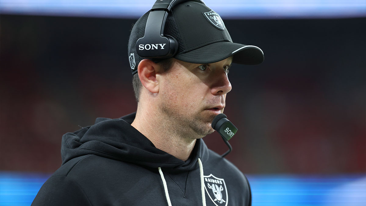 Las Vegas Raiders head coach Klint Kubiak walks on the sideline during the fourth quarter against the Houston Texans at Reliant Stadium