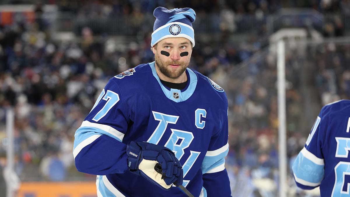 Tampa Bay Lightning defenseman Victor Hedman (77) skates on the ice during warms up before a game against the Boston Bruins in the 2026 Stadium Series ice hockey game at Raymond James Stadium.
