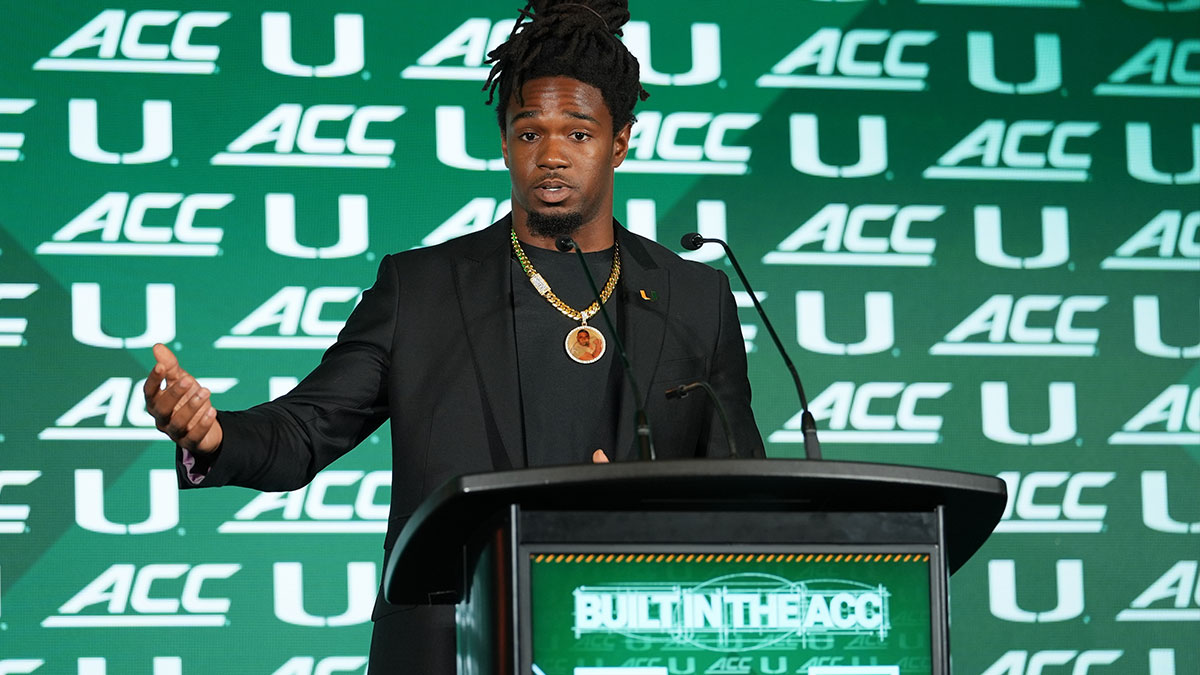 Miami running back Mark Fletcher Jr. speaks to the media during ACC Media Days at Hilton Charlotte Uptown.
