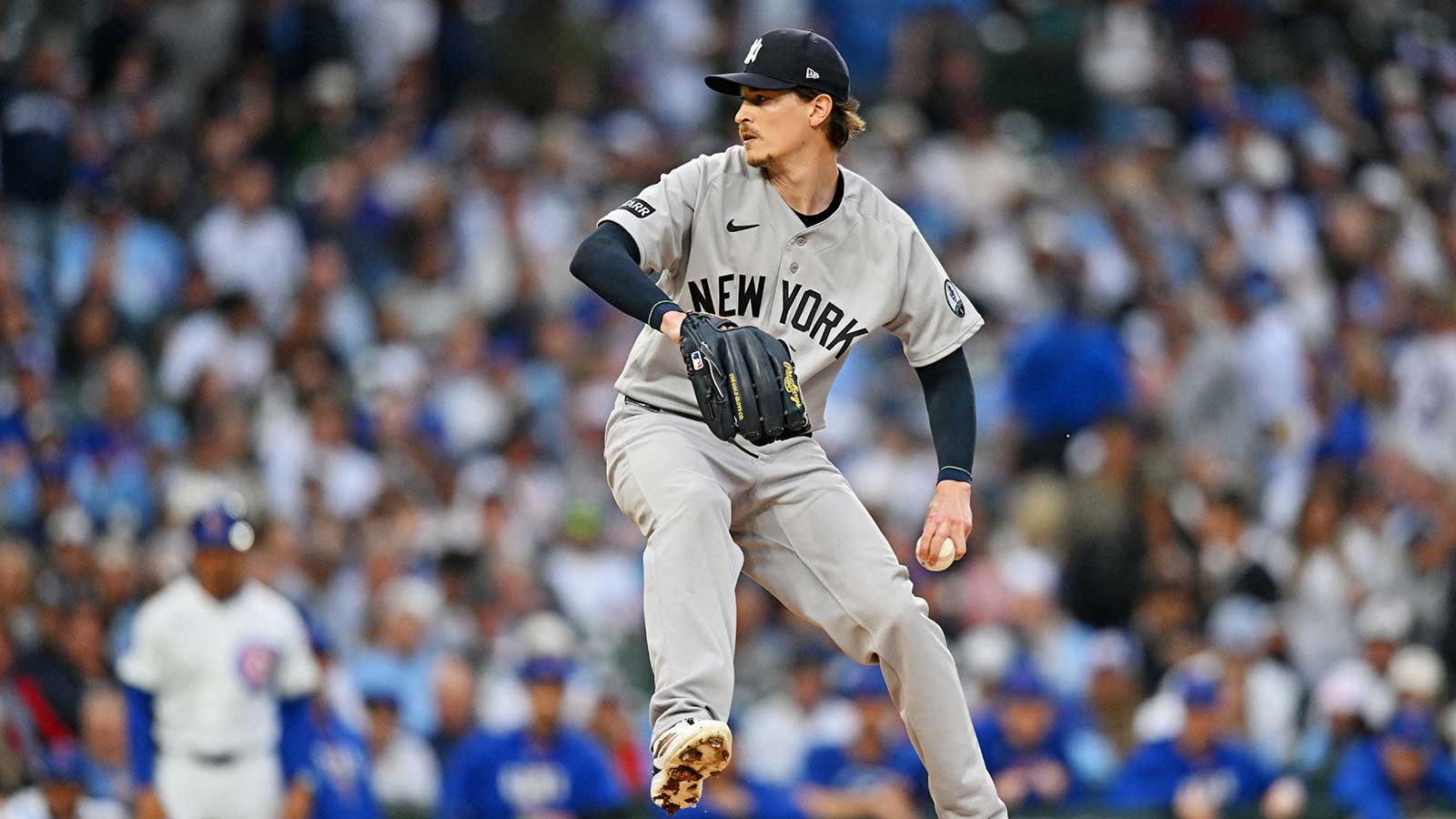 New York Yankees pitcher Max Fried (54) throws a pitch during the first inning against the Chicago Cubs at Wrigley Field. 