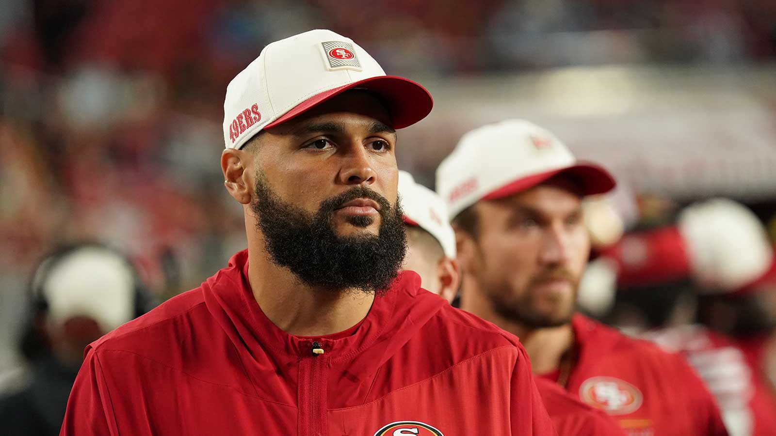 San Francisco 49ers wide receiver Mike Evans (5) watches from the sideline during a game against the Tennessee Titans in the fourth quarter at Levi's Stadium. 