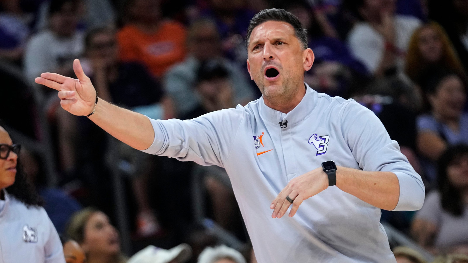 Mercury head coach Nate Tibbetts yells to his team during a game against the Fire at Mortgage Matchup Center in Phoenix on Aug. 16, 2026.