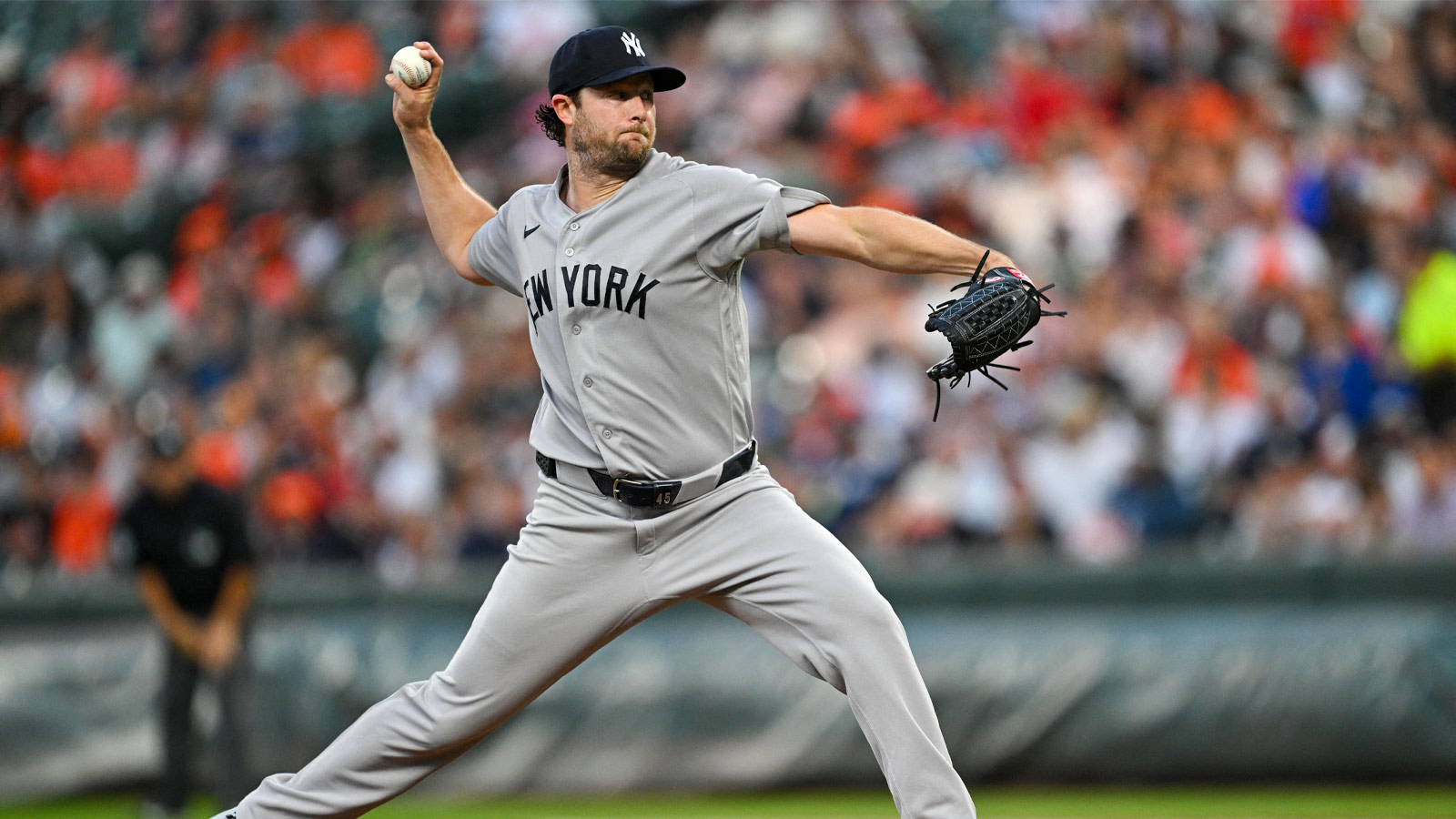 New York Yankees pitcher Gerrit Cole (45) pitches in the second inning against the Baltimore Orioles at Oriole Park at Camden Yards. Mandatory Credit: Jamie Sabau-Imagn Images