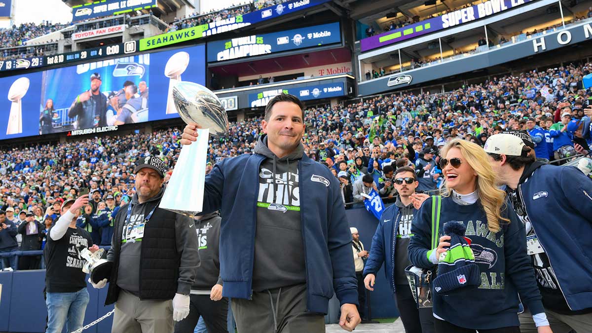 Seattle Seahawks head coach Mike MacDonald before the Super Bowl LX trophy presentation at Lumen Field.