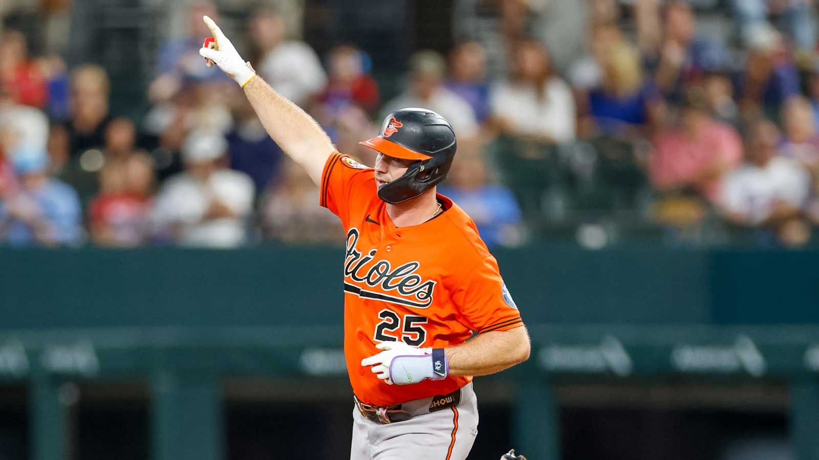 Baltimore Orioles first baseman Pete Alonso (25) hits a home run during the second inning against the Texas Rangers at Globe Life Field.