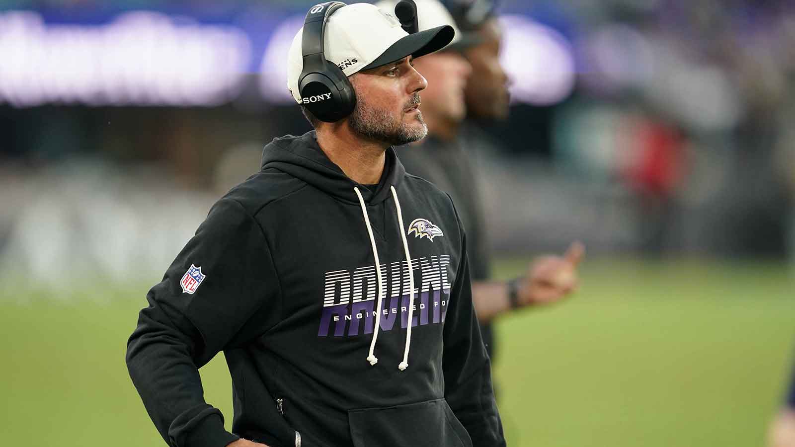 Baltimore Ravens head coach Jesse Minter watches second quarter action against the Philadelphia Eagles at M&T Bank Stadium.