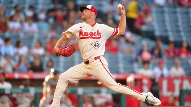Jul 28, 2026; Anaheim, California, USA; Los Angeles Angels pitcher Reid Detmers (48) throws against the Houston Astros during the first inning at Angel Stadium. Mandatory Credit: Gary A. Vasquez-Imagn Images