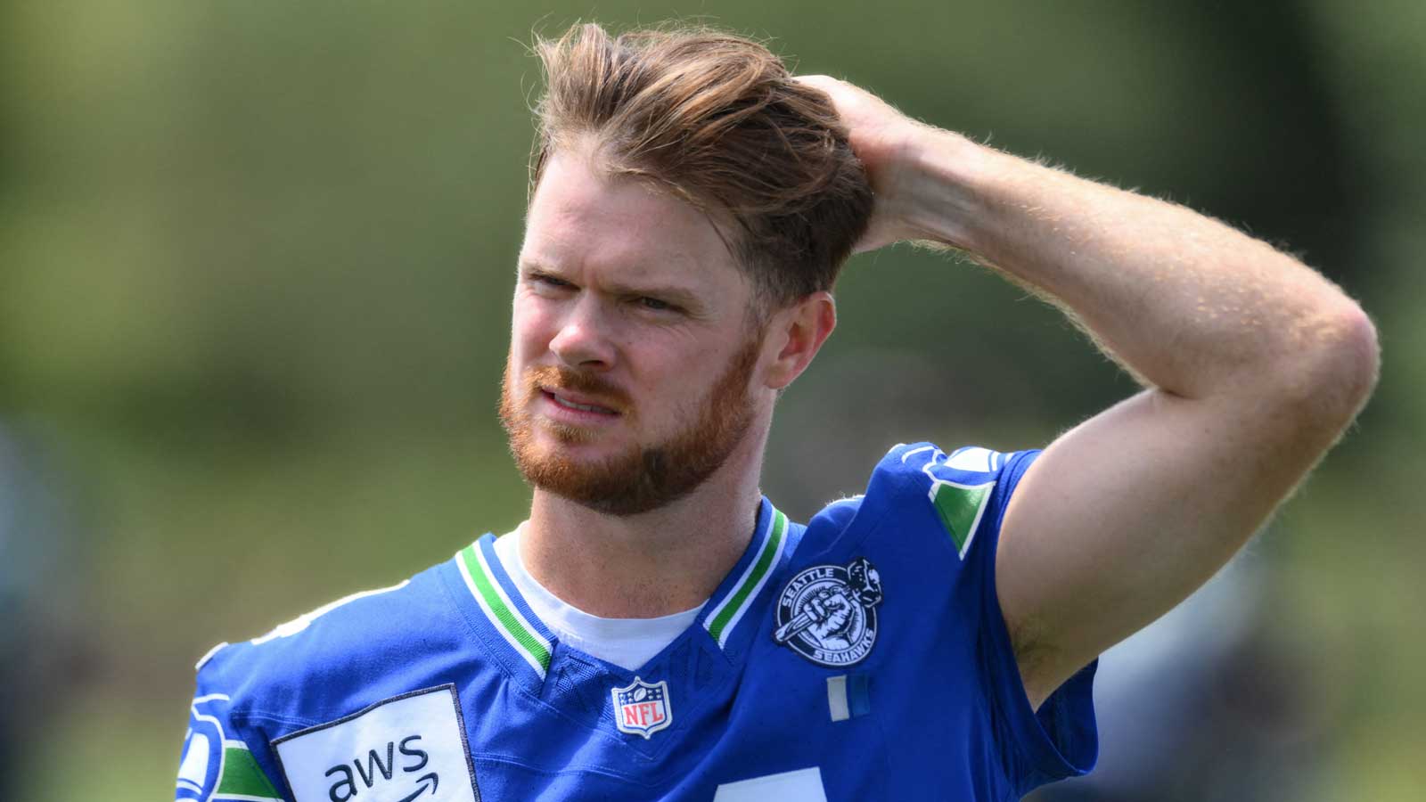 Seattle Seahawks quarterback Sam Darnold (14) during training camp at Virginia Mason Athletic Center.